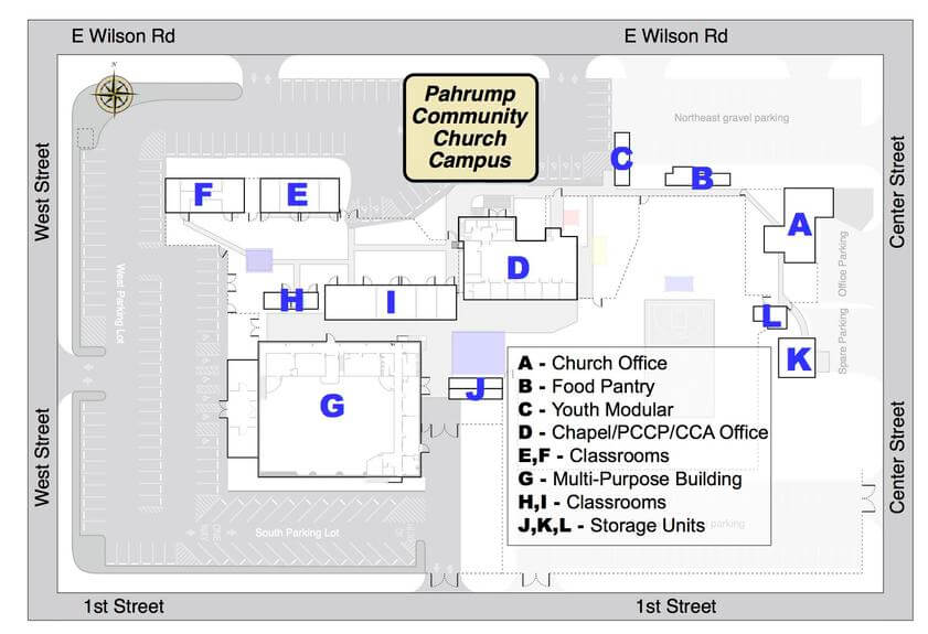 Campus-Map Pahrump Community Church Campus showing the locations of the Church Office, Food Pantry, Youth Modular, Chapel/PCCP/CCA Office, Classrooms, Multipurpose Building, Classrooms and Storage Units
